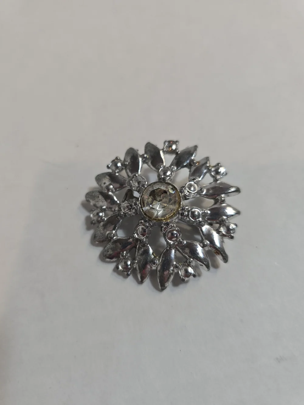 Silver Floral Rhinestone Brooch with Pale Yellow Center